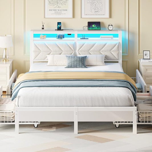 Seventable Full Size Bed Frame with 4 Storage Drawers, Charging Station & LED Lights, Upholstered Headboard with 2-Tier Shelves, Metal Platform Bed, No Box Spring Needed, Noise-Free, White
