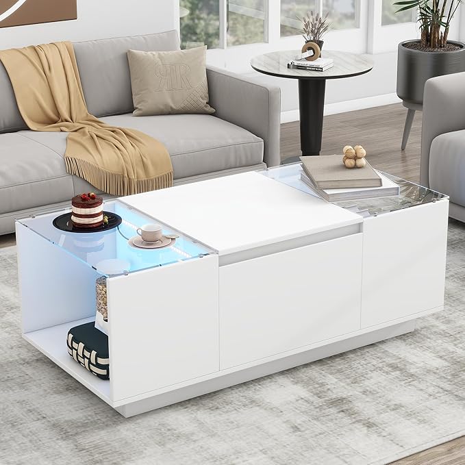 Modern High Gloss Coffee Table with Storage, 41.3-Inch Glass Top Center Cocktail Table with Drawers for Living Room, White