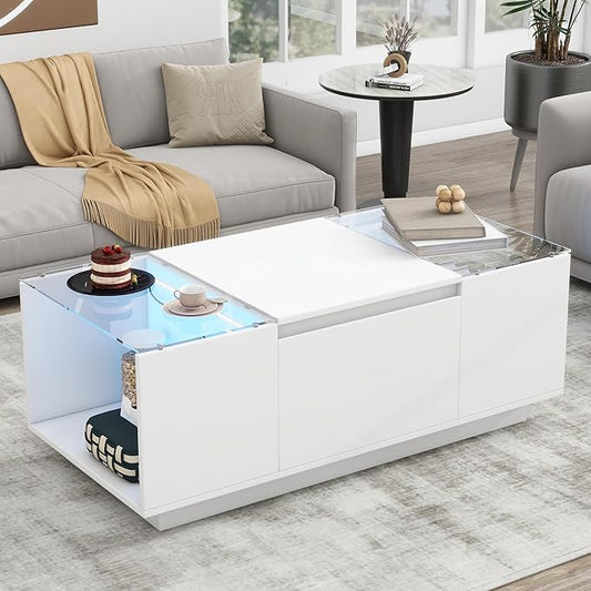 Modern High Gloss Coffee Table with Storage, 41.3-Inch Glass Top Center Cocktail Table with Drawers for Living Room, White