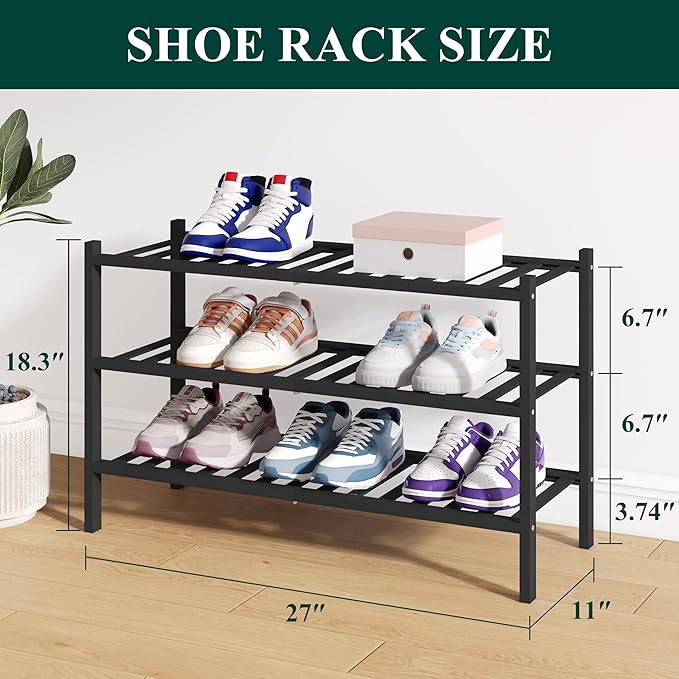 Smiry Bamboo Shoe Rack for Closet, 3 Tier Wooden Stackable Shoe Organizer, Free Standing Shoes Storage Shelf for Entryway, Front Door Entrance, Black