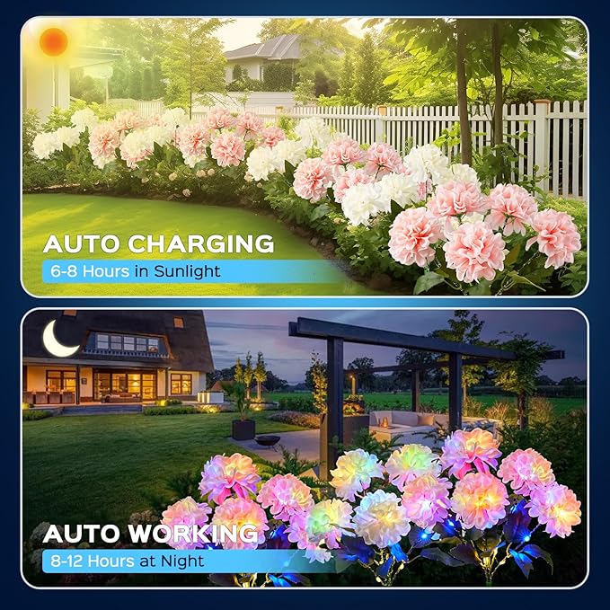 4 Pack Solar Garden Lights Outdoor, LED Colorful Waterproof Solar Powered Hydrangea Flowers Landscape Lights for Patio, Outside Yard, Pathway Decorative, Décor, Two Lighting Modes