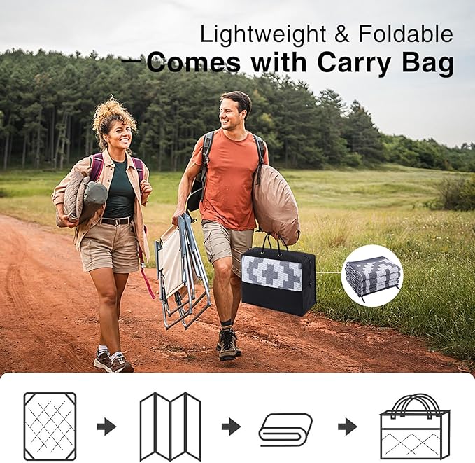 OLANLY Waterproof Outdoor Rug 5x8 ft, Outdoor Plastic Straw Rug for Camping, RV Mat Outside, Outdoor Carpet for Porch, Deck, Backyard, Balcony, Picnic, Grey & White