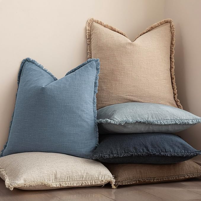 Foindtower Set of 2 Decorative Linen Fringe Throw Pillow Covers Cozy Boho Farmhouse Cushion Cover with Tassels Soft Accent Pillowcase for Couch Sofa Bed Living Room Home Decor, 18×18 Inch, Misty Blue