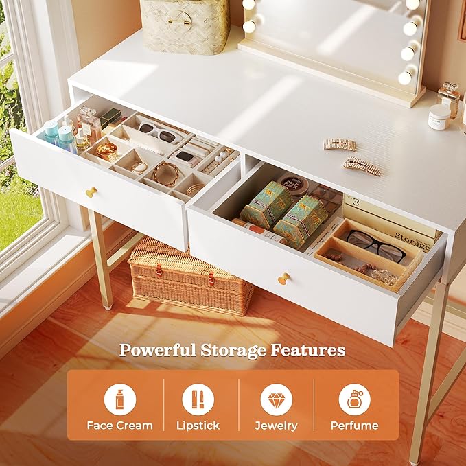 SUPERJARE 39.4" White and Gold Desk with 2 Drawers, Modern Makeup Vanity Desk, Small Computer Desk Home Office Desk for Writing Study Bedroom