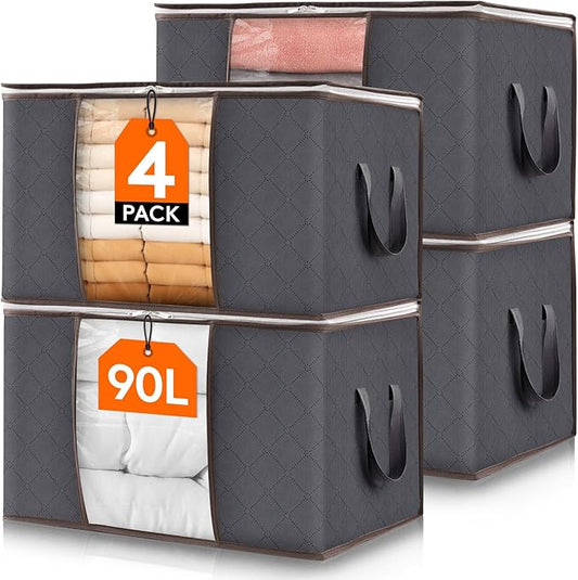 Lifewit 90L Large Storage Bags, 4 Pack Closet Organizers and Storage, Clothes Storage Bins with Lids, Foldable Storage Containers with Reinforced Handles for Clothing, Blanket, Bedding, Comforter Gray