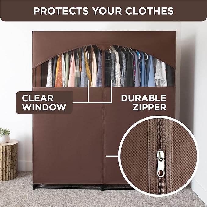 HOLDN’ STORAGE Portable Wardrobe Closet - 65 lb Large Capacity, Internal Heavy Duty Metal Rod, Zipper & Clear Window, Durable Clothes Organizer, Tool-Free Easy Assembly, Brown Canvas Cover