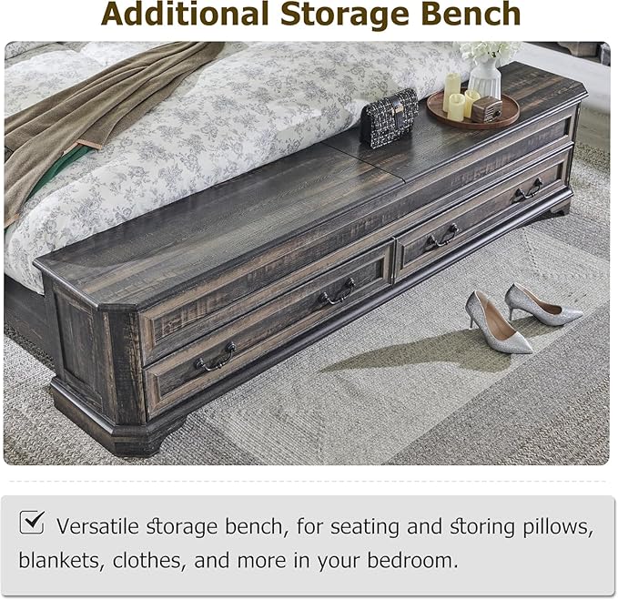 T4TREAM Farmhouse King Bed with Headboard and Storage Bench, Rustic Wood Platform Bed with 80" Storage Chest w/ 4 Large Drawer (Dark Rustic Oak)