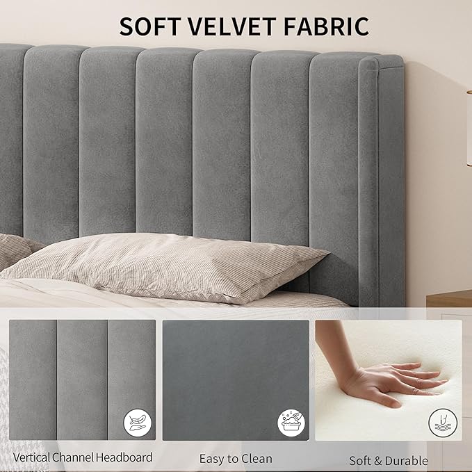King Size Upholstered Platform Bed Frame with Modern Wingback & Vertical Panel Headboard, Velvet Fabric, Wooden Legs & Slats Support, No Box Spring Needed, Noise-Free & Easy Assembly, Grey
