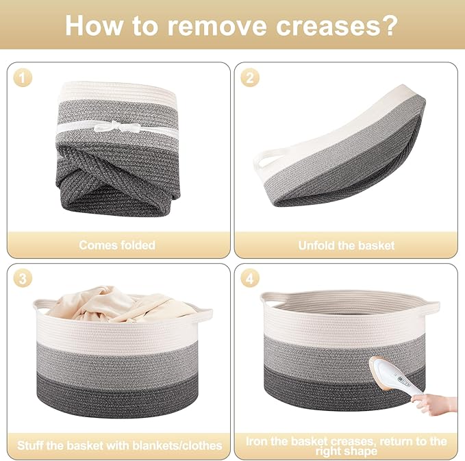 OIAHOMY Extra Large Storage Basket, 24" x 15" Woven Blanket Storage for Living Room, Round Laundry Basket for Pillow - Gradient Grey