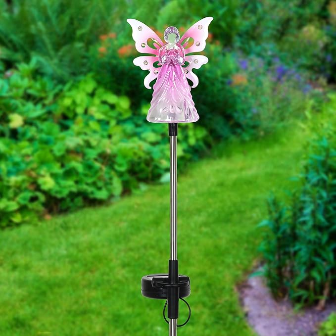 Exhart Garden Solar Lights, Decorative Angel Garden Stake, 12 LEDs, Cute Yard and Pathway Decor, Pink, 4 x 34 Inch
