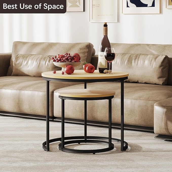 Nesting Tables Set of 2, Round Coffee Table, Small Nesting Coffee Table with Adjustable Non-Slip Fee, Wood Grain Top Nesting Tables for Living Room, Bedroom (Wood Grain Light Brown)
