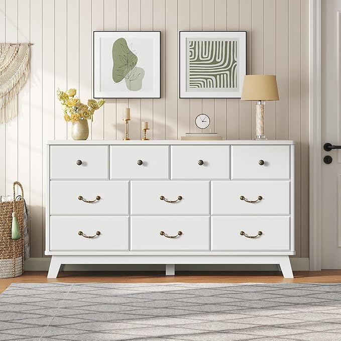 10 Drawer Dresser for Bedroom, 55.1" White Dresser & Chest of Drawers, Wooden Dressers with Vintage Metal Handle, Modern Storage Dressers TV Stand for Bedroom, Living Room, Hallway