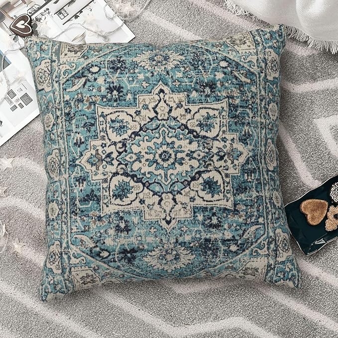 Boho Pillow Covers 18X18 Inch Set of 2 Bohemian Vintage Throw Pillow Covers Blue Carpet Pattern Cushion Cases Farmhouse Decorative Outdoor Pillow Covers for Couch Home Sofa Living Room