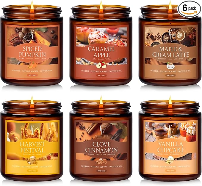 Fall Candles Set, 6 Pack Candles for Home Scented Natural Soy Wax, Autumn Gifts Set for Women Men, Fall Fragrance of Pumpkin/Cinnamon/Vanilla Cupcake/Apple/Harvest/Latte