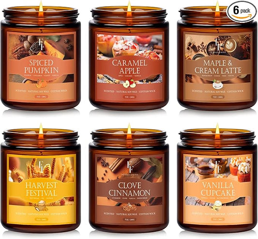 Fall Candles Set, 6 Pack Candles for Home Scented Natural Soy Wax, Autumn Gifts Set for Women Men, Fall Fragrance of Pumpkin/Cinnamon/Vanilla Cupcake/Apple/Harvest/Latte