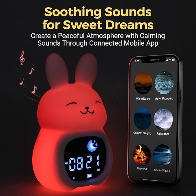 Bumble & Bright Go & Glow Bunny App Control Kids Alarm Clock – Digital Sleep Trainer with USB-C Corded, 8 Night Light Colors, 6 Soothing Sounds, 12/24H Routine Trainer, Gift for Boys & Girls