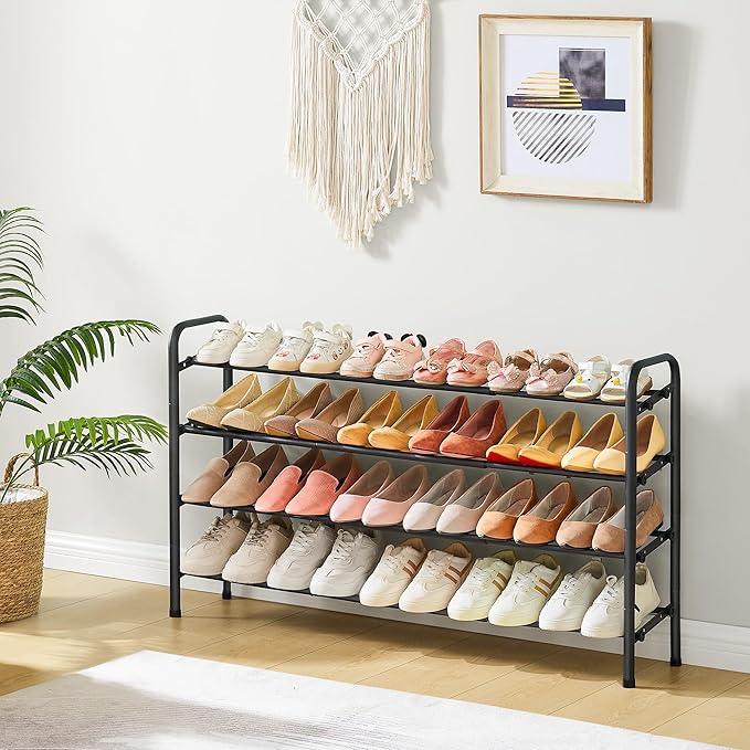 4 Tier Shoe Rack for Closet,Shoe Organizer, 28“ Metal Shelf Can Expandable to 42“, for Bedroom, Entryway, Living Room, Garage, Adjustable to 24 Pairs Shoes, Black