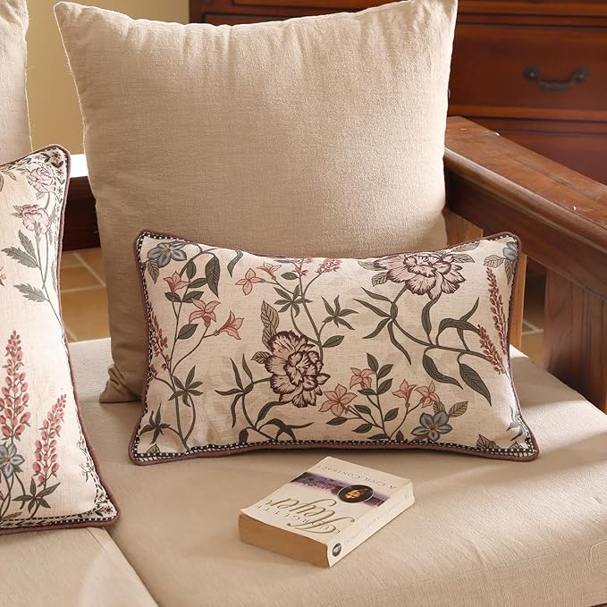 Design Linen Vintage Throw Pillow Covers 12"x20" Pack of 2, Rectangle Cushion Covers with Blue Pink Flowers Green Leaves Pattern Decoration Pillowcases for Bed,Living Room,Outdoor,Car