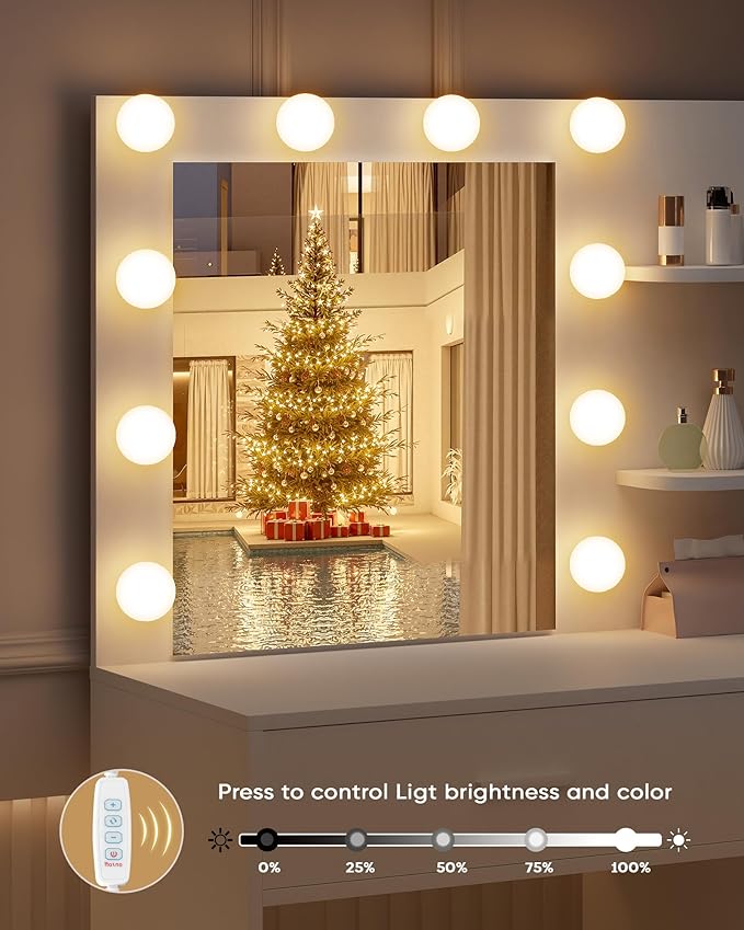 Lighted Makeup Vanity Desk, 35.4“W x 15.7'”D x 54“H, White (with Lights and Mirror, Dimming Function, 2 Drawers and 1 Cabiniet, Open Shelves) by Boahaus