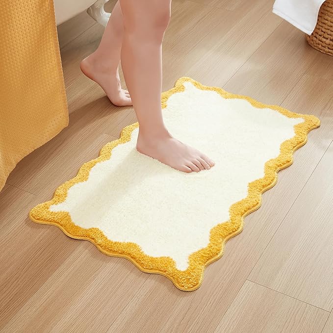 MONDAY MOOSE Bath Mat with Scalloped Wavy Ripple Design, Microfiber Absorbent Non Slip Tufted Rug for Floor, Shower or Kitchen (16x24 inch, Yellow)