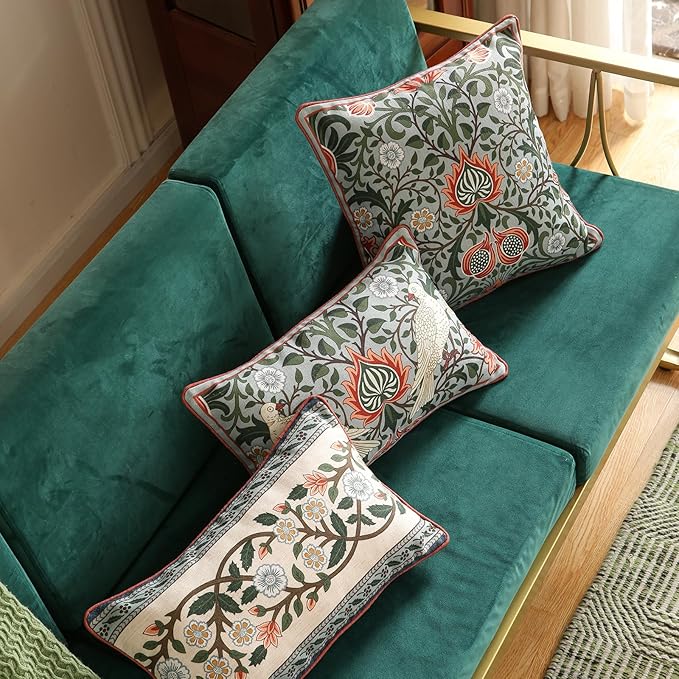 Design Lumbar Retro Elegant Linen Throw Pillow Covers 12"x20" Pack of 2, Blue Gray Floral Vine Pattern Cushion Covers Decor Rectangle Pillowcases for Bed,Living Room,Outdoor,Car