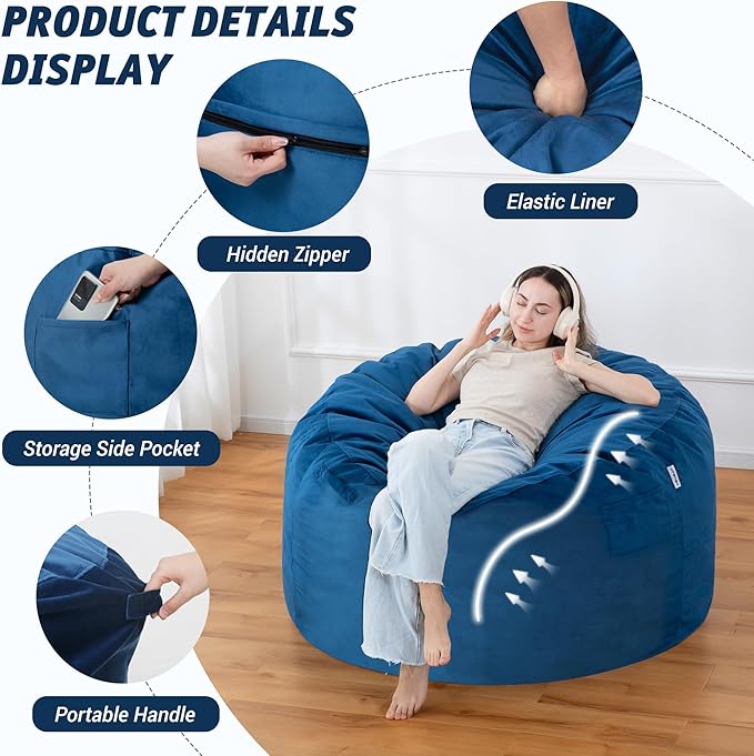 4FT Bean Bag Chair with Ultra Soft Velvet Cover Bean Bag Sofawith Memory Foam Bean Bag Chairs with Large Size Lazy Sofa for Dorm Office Living Room Bedroom Blue 4'