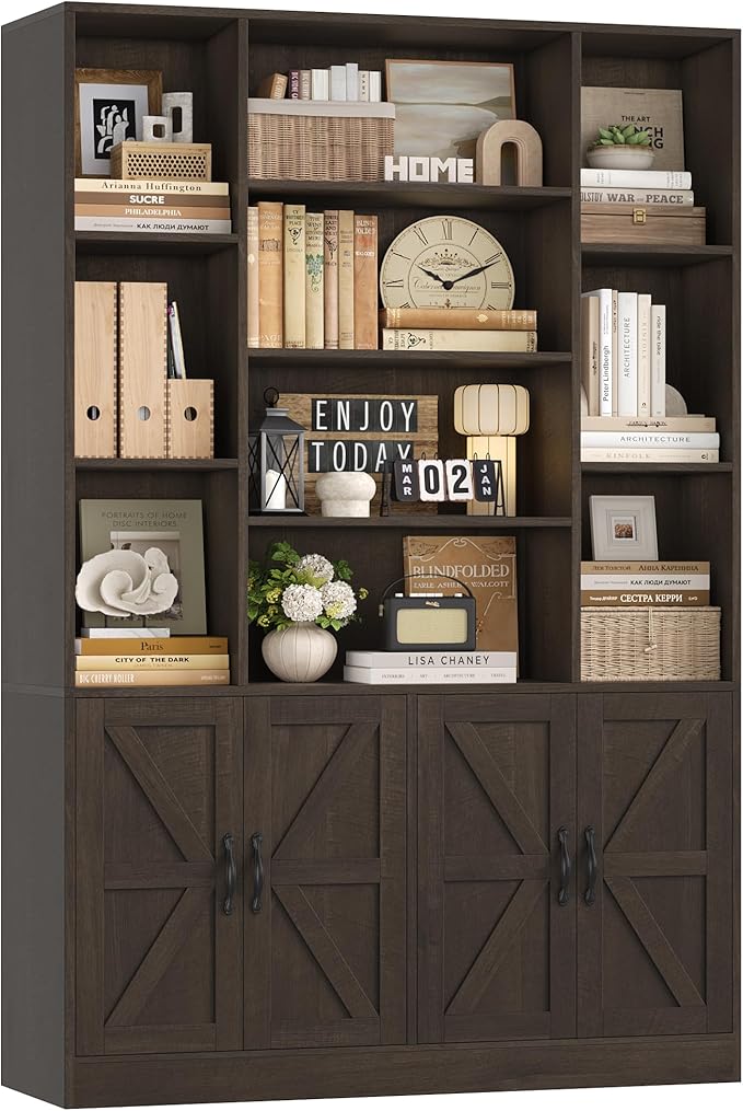 HOSTACK 75” Tall Book Shelf and Bookcase, Bookshelf with Storage Cabinet, 47” Wide Bookcase with 4 Doors, Standing Display Shelves, Modern Farmhouse Book Case for Living Room, Home Office, Dark Brown
