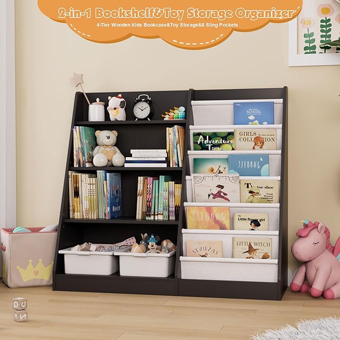 Black Kids Bookshelf Wood Toy Storage Organizer Cabinet Children Bookcase Toddler Baby Sling Book Rack Adjustable Shelf for Playroom Bedroom Nursery Hallway School Kindergarten