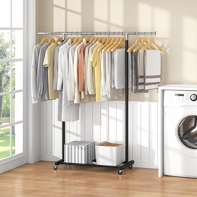 JIUYOTREE Rolling Clothes Rack with Shelf Expandable Clothing Garment Rack with Wheels Width Adjustable Clothing Organizer for Hanging Clothes Shirts Pants Skirts and Bags Black