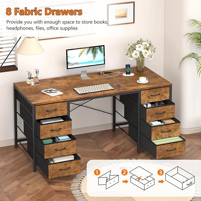 50 Inch Computer Desk with 8 Drawers, Home Office Desk with Power Outlets, Work Study Gaming Desk with 8 Fabric Drawers, Rustic Brown
