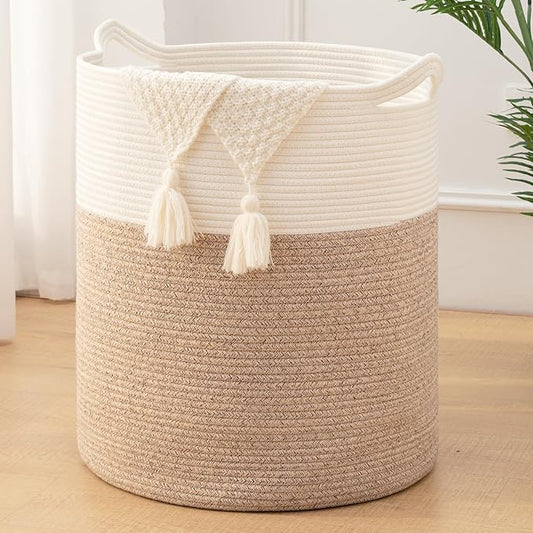 Laundry Basket, 100L Large Laundry Hamper, Tall Woven Rope Storage Basket for Blanket Toys Pillows Towels, Baby Nursery Hamper Bin for Living Room, Bedroom (Brown & White)