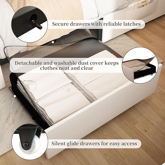 Queen Led Bed Frame with 2 Drawers, Modern Sturdy Adjustable Upholstered Crystal Button Tufted Headboard Platform Bedframe with Storage, No Box Spring Needed, Noise-Free, Easy Assembly, Velvet Cream