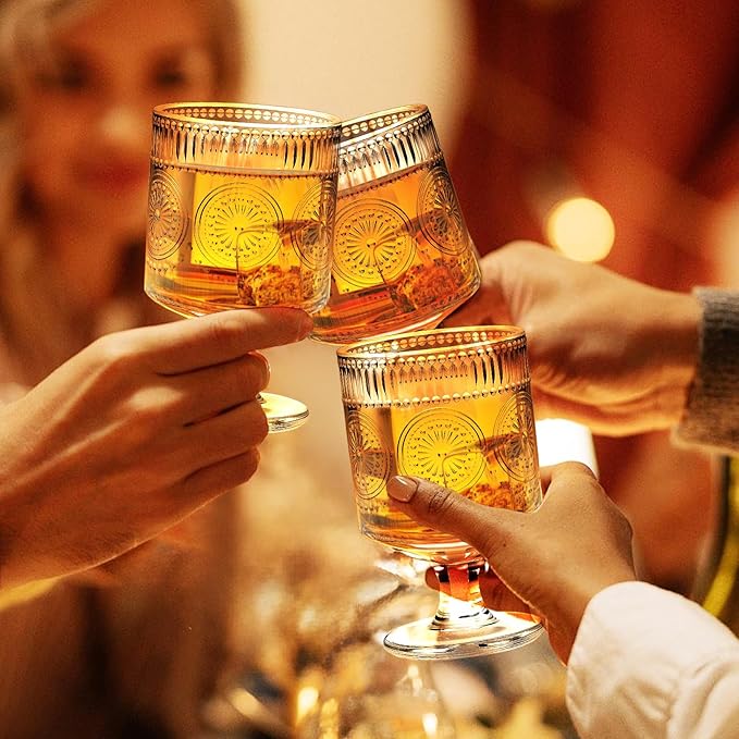 6 Packs Vintage Goblet Glasses Handcrafted Art Deco Crystal Goblets 8 oz Wine Glasses Drinking Goblets Bar Tumbler Glassware for Iced Tea, Wine, Beer, Juice, Cocktail, Whiskey