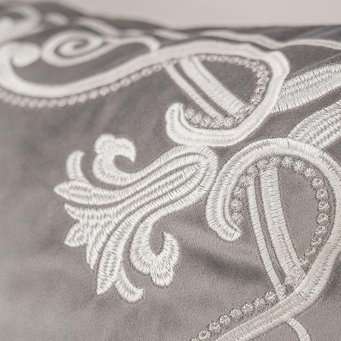 Aeckself European Floral Pillow Cover 18x18 Inch, Luxury Velvet Embroidered Decorative Throw Pillow Cover for Couch Bedroom Living Room, Grey and White