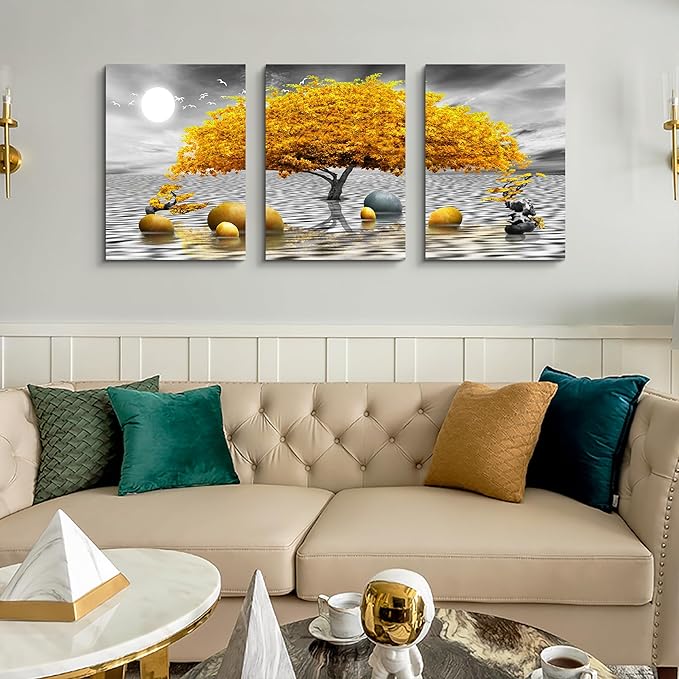 Wall decorations for living room Canvas Wall Art for bedroom Abstract wall decor Black and white Canvas Art Yellow tree paintings bathroom Home Decoration 3 Piece Hang Pictures Office Wall Artworks