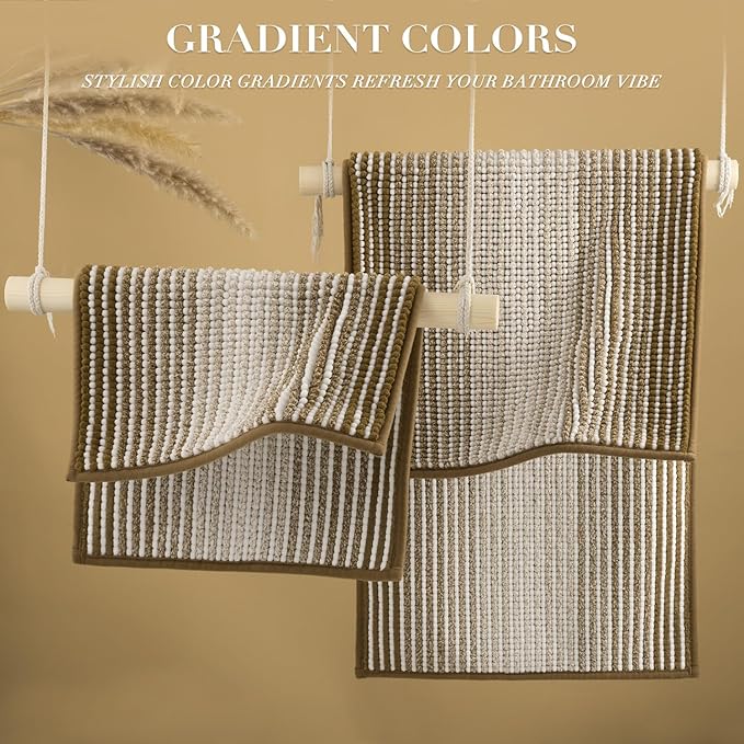 BSICPRO Bathroom Rugs and Mats Sets, 2 Piece Thick Absorbent Chenille Non Slip, Soft Shaggy Bath Room Floor Mats for Bathroom, Machine Washable (Petrified Oak, 20" x 47" Plus 16" x 24")