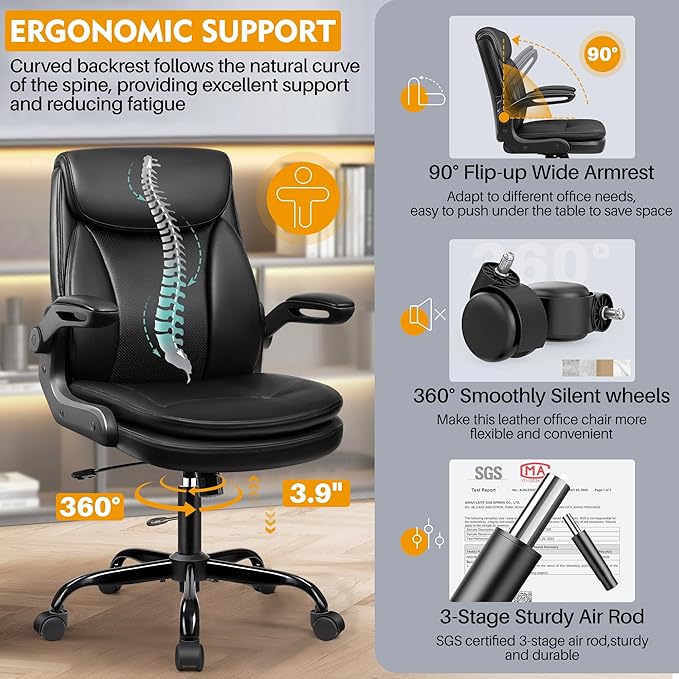 Office Chair Ergonomic Desk Chair - Premium Leather Executive Office Chairs with Lumbar Support Flip Up Armrests, Home Office Desk Chairs Computer Chair with Rocking Function Adjustable Height