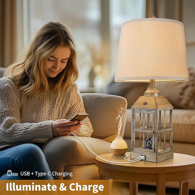 25" Farmhouse Table Lamps for Living Room, Table Lamps Set of 2 with USB Port and Nightlight, Rustic Table Lamp for Bedroom, Bedside Lamp for Nightstand, End Table, Home, LED Bulbs Included (Wood)