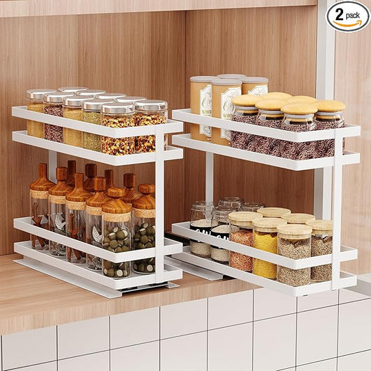 2 Pack Pull Out Spice Rack Organizer for Cabinet, 2 Tier Metal Slide Out Seasoning Organizer and Storage Heavy Duty Vertical Spice Rack Shelf Pullout for Kitchen Cabinets No Drilling (White)