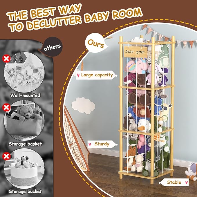 Bamboo Stuffed Animal Storage Zoo, Large Capacity Plush Toy Cage, Wood Stuffed Animals Holder for Toddler Room, Playroom, Bedroom