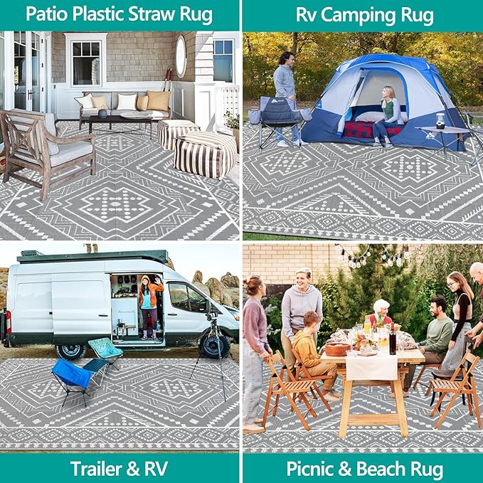 Waterproof Outdoor Rug 9x12 ft, Reversible Plastic Straw Mat, Large Floor Mat for Patio, Camping, Picnic, Backyard RV, Deck, Grey