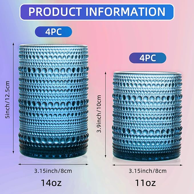 Set of 8 Hobnail Drinking Glasses Vintage Blue Glassware - 4 Highball Glasses 14 oz, 4 Rocks Glass Cup 11 oz, Embossed Old Fashioned Glassware for Water,Wine,Beer,Juice, (Cornflower Blue)