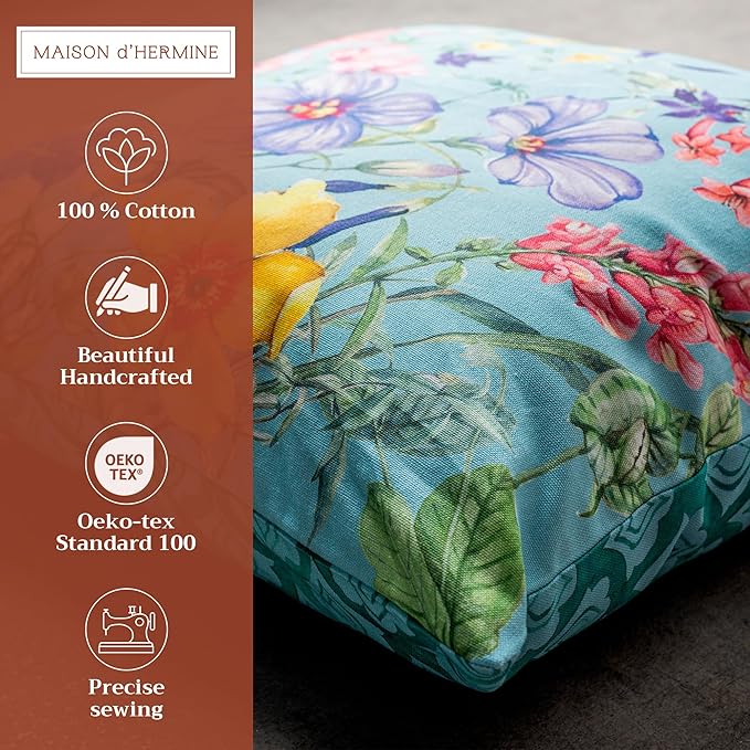 Maison d' Hermine Decorative Pillow Covers 18 x 18 Inch Square 100% Cotton Throw Pillow Covers with Invisible Zipper for Living Room Couch, Chair, Sofas, Bedroom, Home (Hesperides - Fleur)