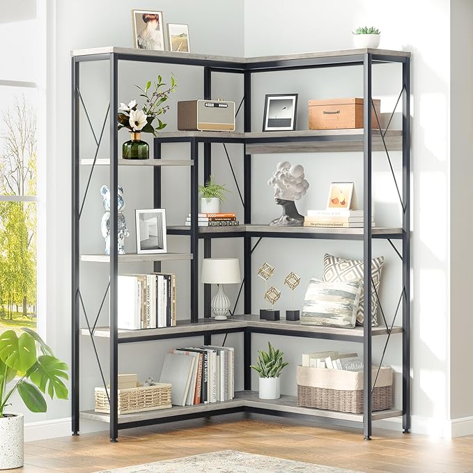 JAMFLY 5-Tier Corner Bookshelf, Industrial Corner Bookcase, Book Shelves with Metal Frame, Large Open Display Bookshelves, L-Shaped Shelf for Living Room, Bedroom, Home Office, Grey