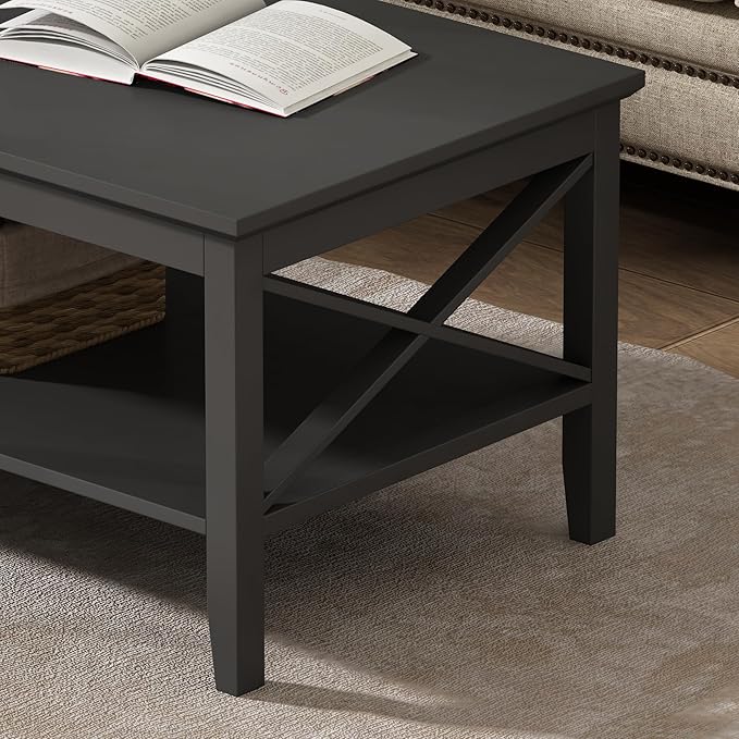 ChooChoo Coffee Table with Thicker Legs, Black Wood Coffee Table with Storage for Living Room, 47 inch
