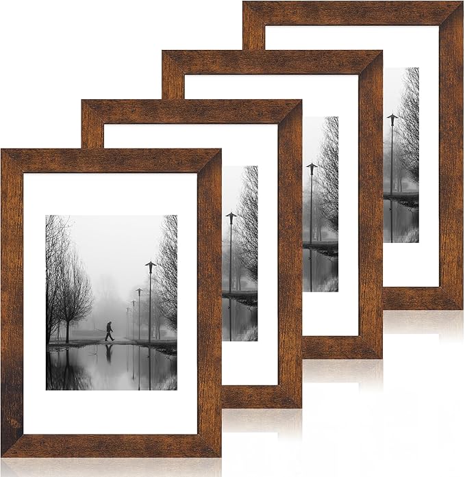 8x12 Picture Frame Set of 4 with High Definition Real Glass, Display 6x8 Pictures with Mat or 8 x 12 Without Mat, Rustic Photo Frames for Tabletop and Wall Mounting