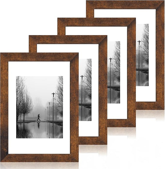 8x12 Picture Frame Set of 4 with High Definition Real Glass, Display 6x8 Pictures with Mat or 8 x 12 Without Mat, Rustic Photo Frames for Tabletop and Wall Mounting