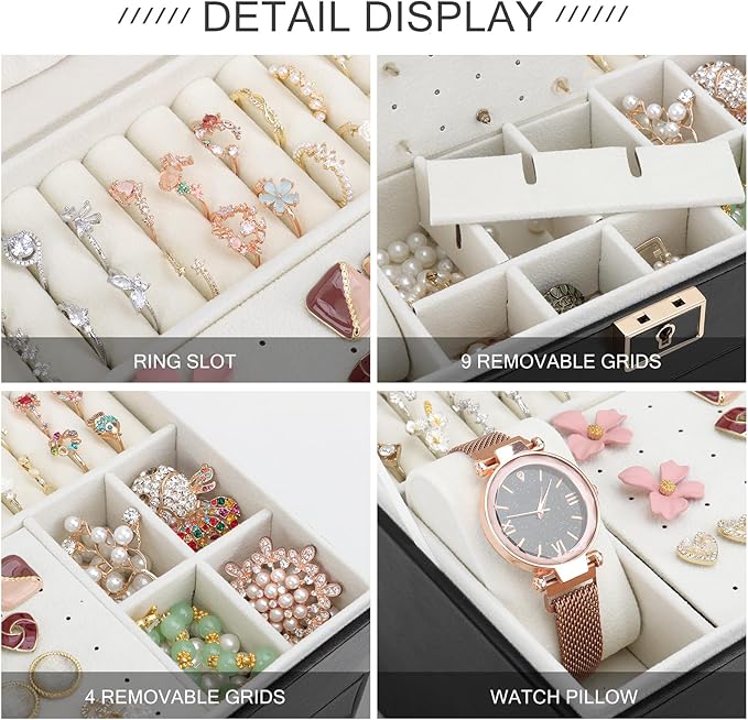 DesignSter Jewelry Box,Jewelry Organizer with 2 Drawers, 3 Layers Leather Jewelry Storage Box with Lock, Jewelry Storage Case for Necklaces Earrings Bracelets and Rings（Black）