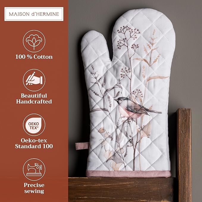Maison d' Hermine Oven Gloves 100% Cotton Oven Mitt 7" x 13" with Loop Heat Resistant, BBQ, Cooking Gloves, Grilling, Kitchen, Handling Hot Pans Spring/Summer (Pack of 1, Meadow Florals - Brown)
