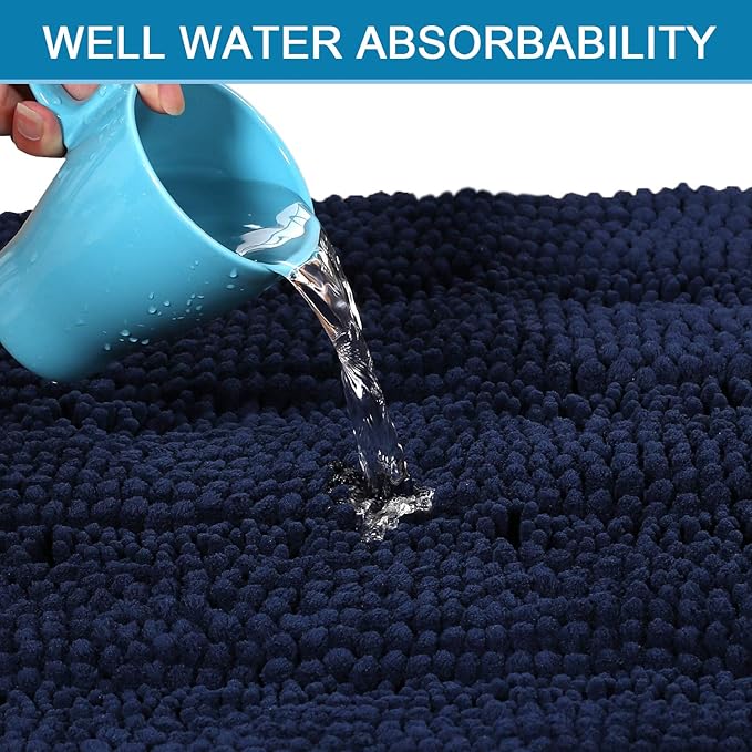 H.VERSAILTEX Bath Rugs for Bathroom Non Slip Bath Mats Extra Thick Chenille Striped Rug 20" x 32" Absorbent Non Skid Fluffy Soft Shaggy Washable Dry Fast Plush Mat for Indoor, Bath Room, Tub - Navy